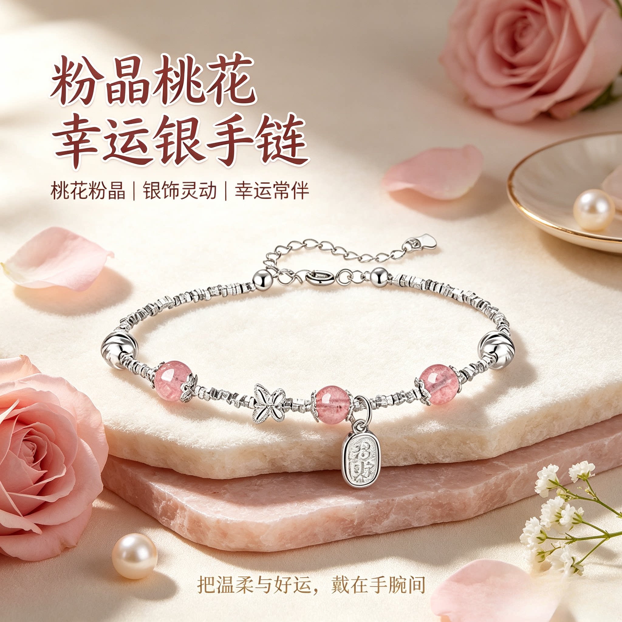 【假一赔十】足银999粉晶碎银蝴蝶福牌手链 温柔少女闺蜜生日礼物