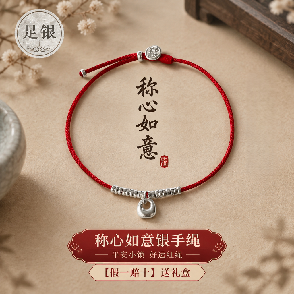 【假一赔十】足银 999 平安小锁红绳手绳简约可调节编织手链礼物图片