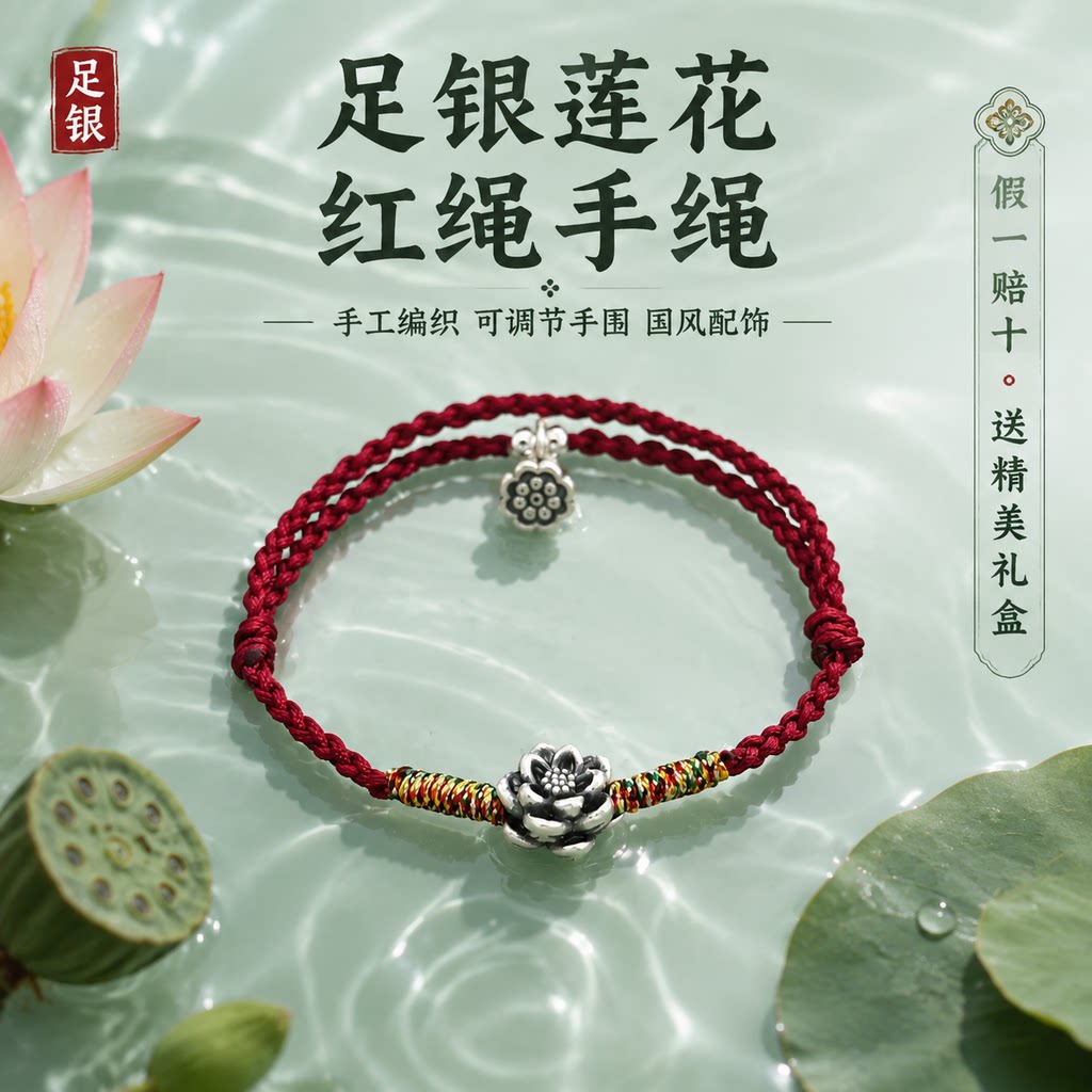 足银999双莲花红绳手链可调节