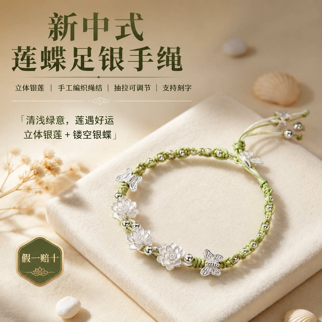 【假一赔十】银莲花蝴蝶手链清新编织手绳百搭手串银手链女礼物