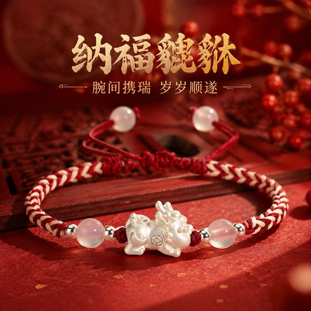 足银999貔貅手工编织情侣手绳