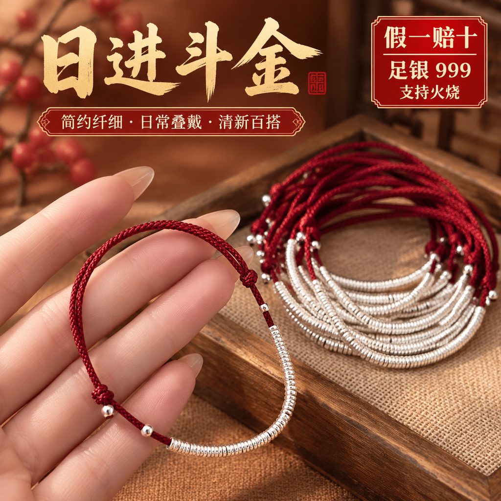 【假一赔十足银999男女手链礼物图片