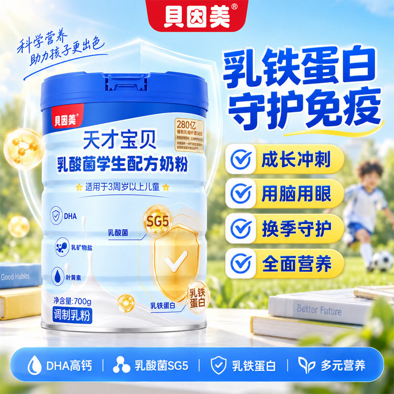 贝因美儿童牛奶粉乳酸菌配方奶粉含乳铁蛋白DHA学生成长高个子