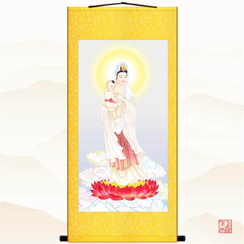 送子观音娘娘画像+观世音菩萨佛像画+中式复古装饰画卷轴挂画定制