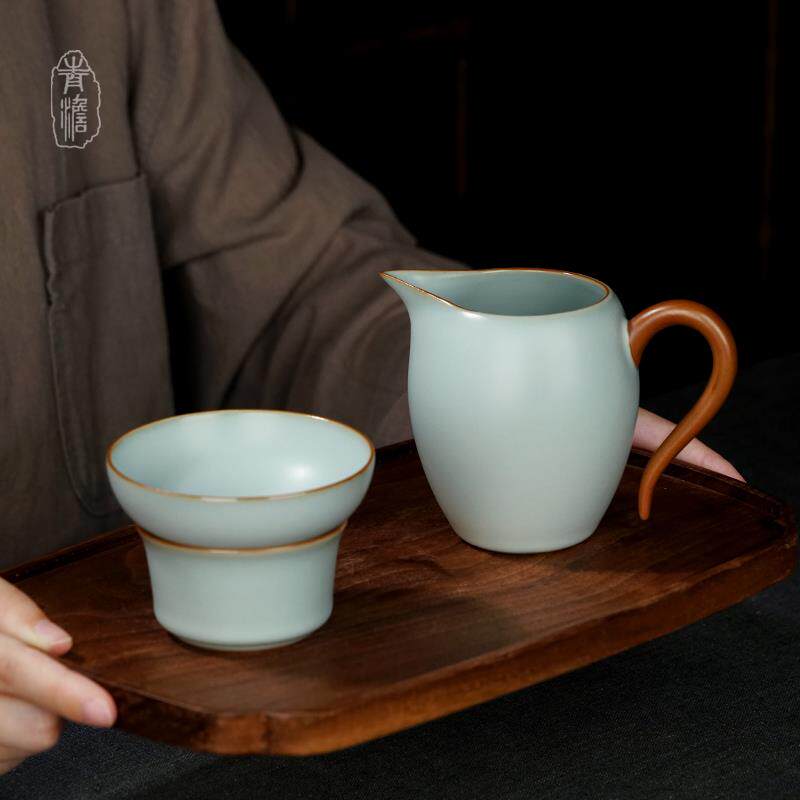 汝窑公道杯茶漏组合套装景德镇茶海复古茶具配件陶瓷聆听茶漏组合