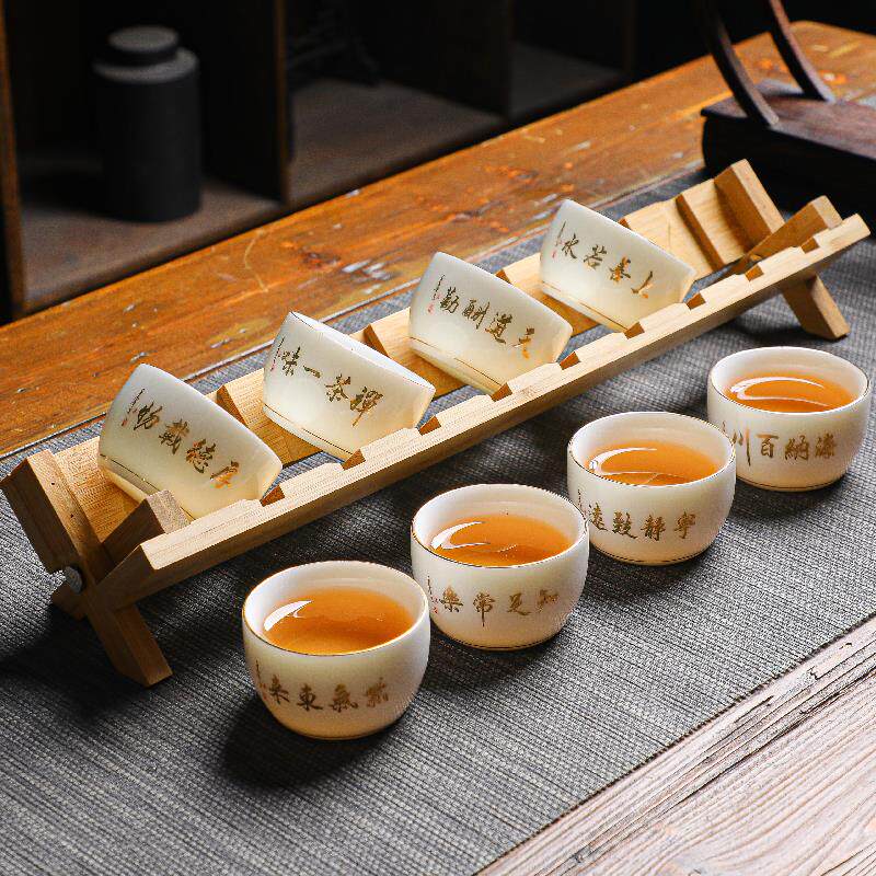 羊脂玉白瓷喝茶杯8只装+家用功夫茶具套装陶瓷品茗杯小茶碗带杯架