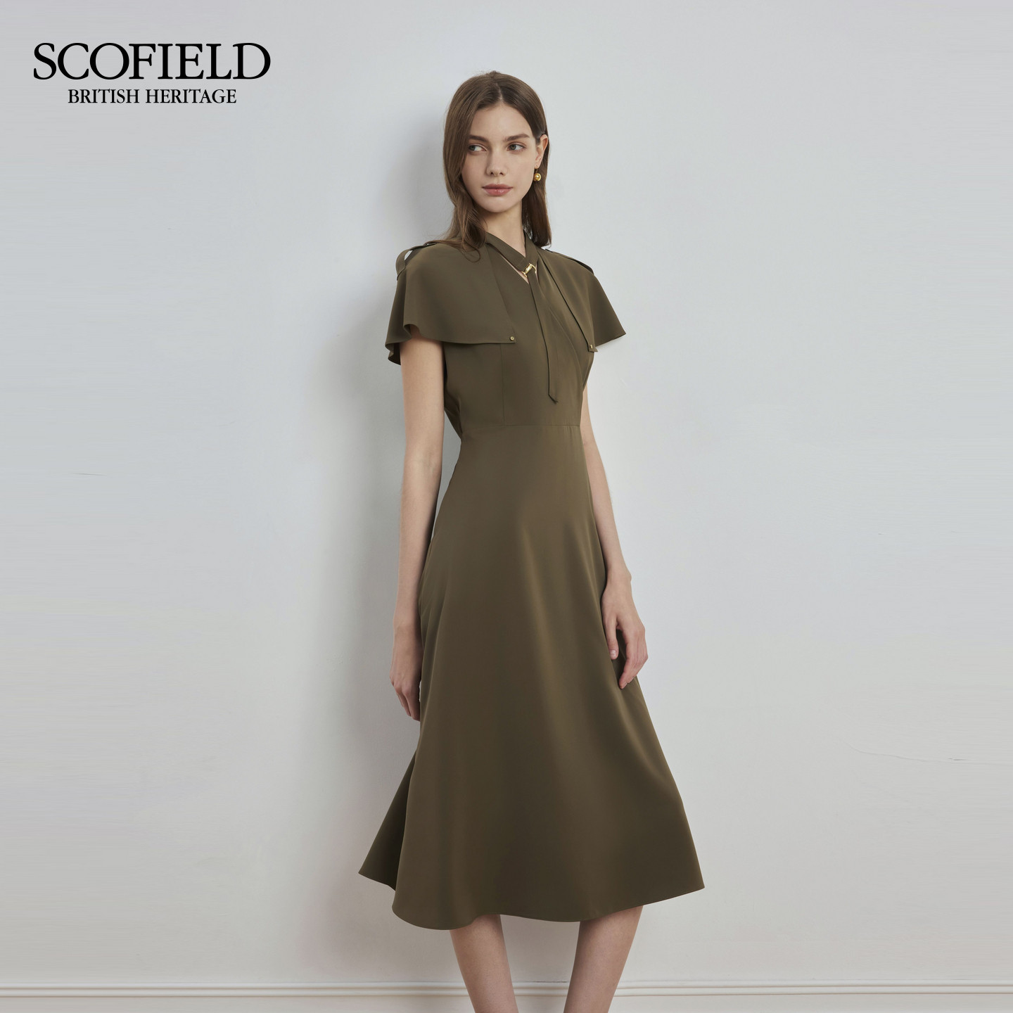 【scofield奥莱】女装气质飘带设计感披肩收腰A摆裙摆连衣裙早秋