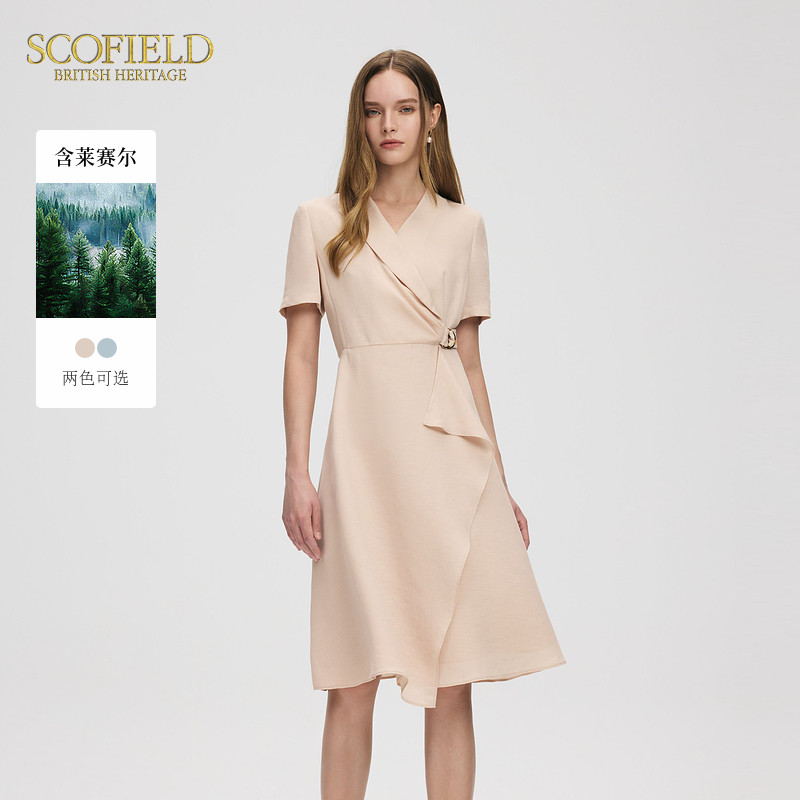 【scofield奥莱】含莱赛尔女装都市通勤OL收腰小V领连衣裙夏季图片
