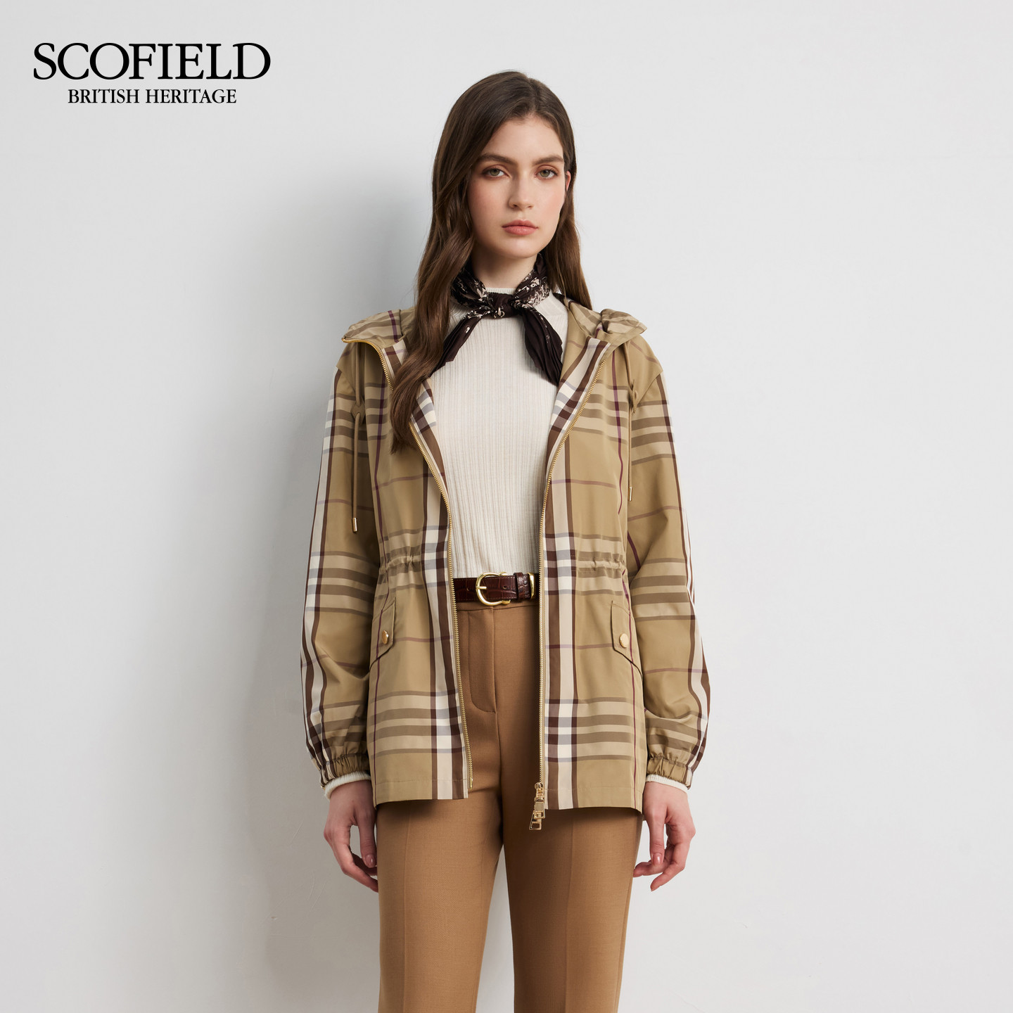 【scofield奥莱】女装简约宽松格纹连帽抽绳双头拉链风衣外套