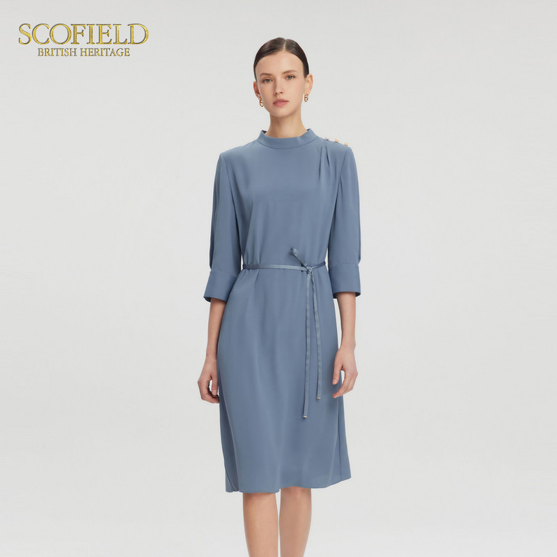 【scofield奥莱】女装简雅立领七分袖连衣裙腰部丝带连衣裙夏季