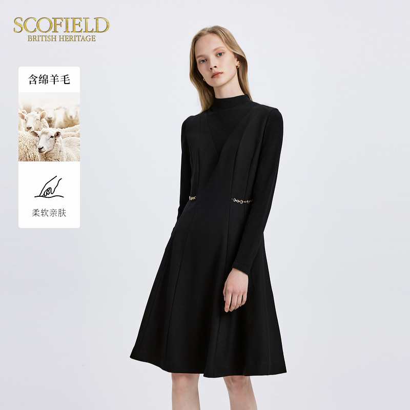 【scofield奥莱】女日常休闲假两件优雅针织拼接收腰长袖连衣裙