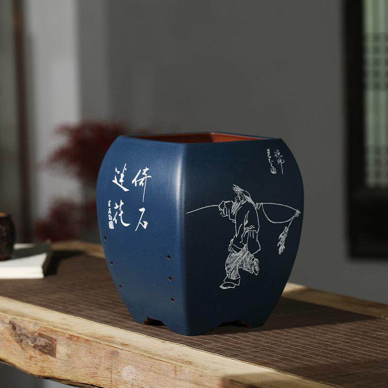 清香阁紫砂室内花盆摆件悦涛斋制作半石书刻手工兰花盆包邮