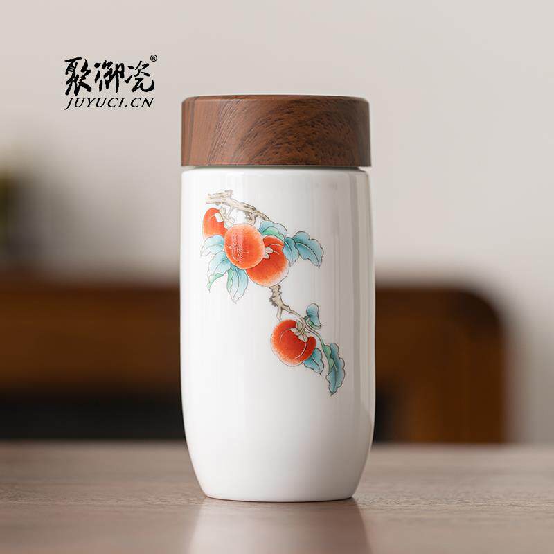 聚御瓷+双层陶瓷水杯子+茶水分离保温杯女密封便携车载泡茶杯刻字