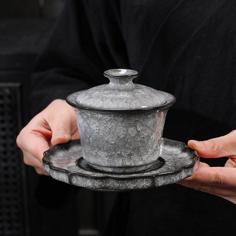 冰花悬停三才盖碗大号铁胎纹茶盏茶杯单个高档陶瓷防烫泡茶碗带盖