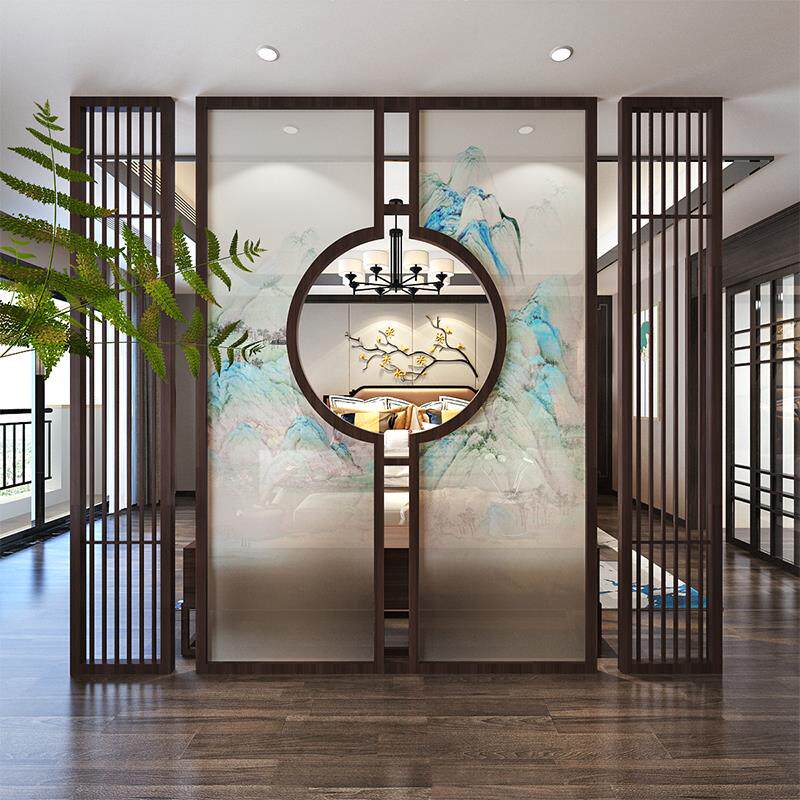 新中式屏风隔断入户玄关客厅酒店大厅实木花格镂空栅栏山水画座屏