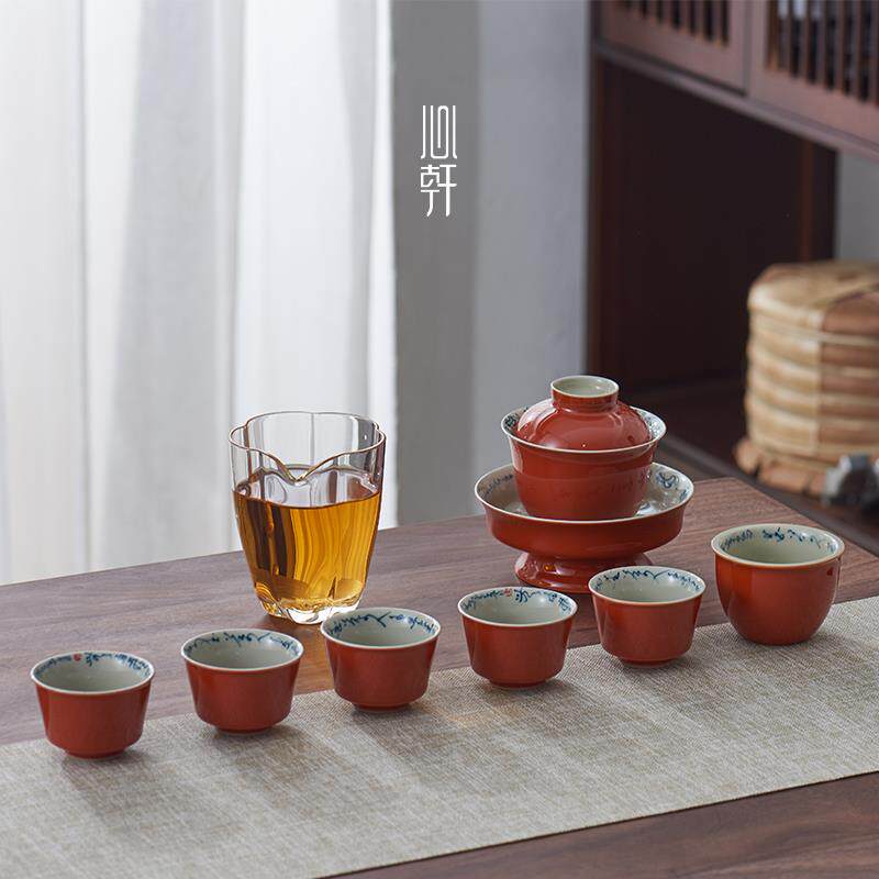 柿子红手绘诗文高端陶瓷功夫茶具套装家用复古泡茶碗茶杯三才盖碗