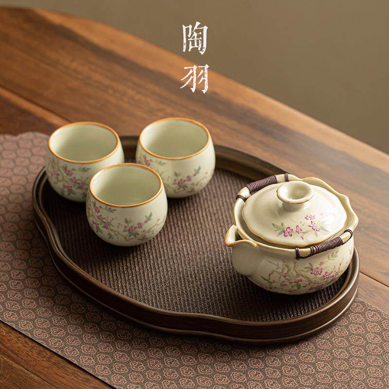 汝窑手抓壶大号盖碗茶杯一壶三杯茶盘防烫泡茶碗中式功夫茶具套装