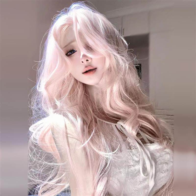 粉色假发中分八字大波浪长卷发前蕾丝全头套女lolita日常万用cos