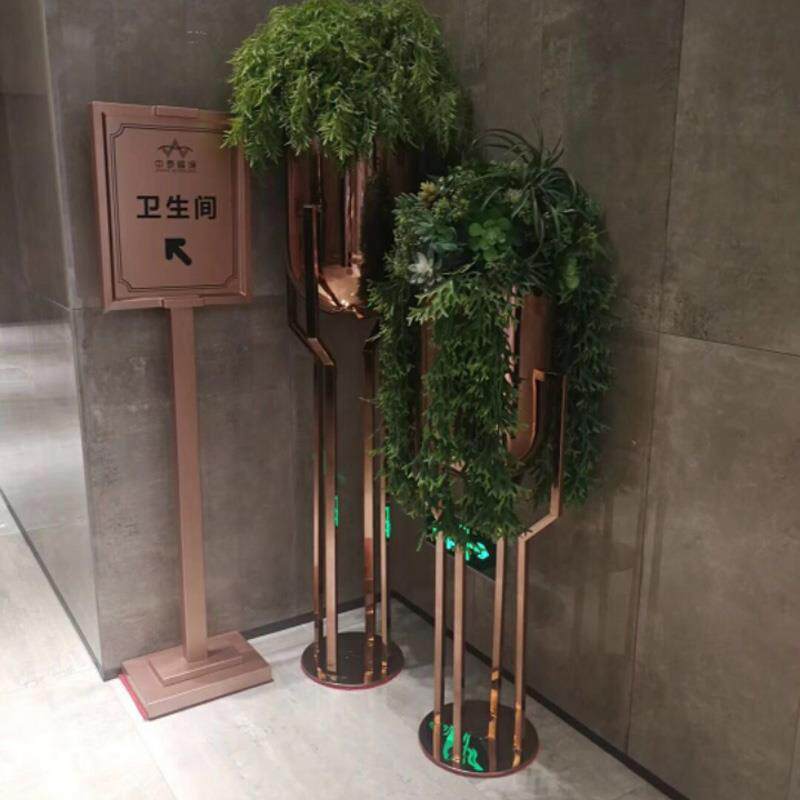 不锈钢花架+电镀玫瑰金花器+金属花架陈列+不锈钢花瓶+吊桶花盆