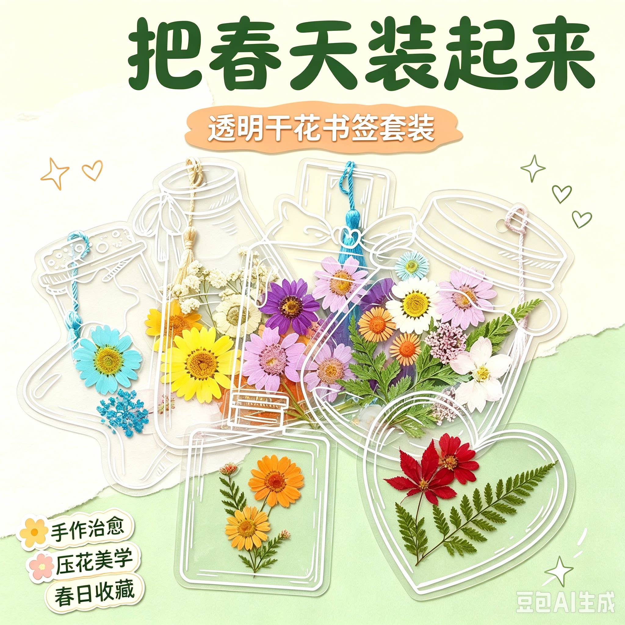 干花书签手工diy透明创意收集瓶子里的春天干树叶标本花学生HQ