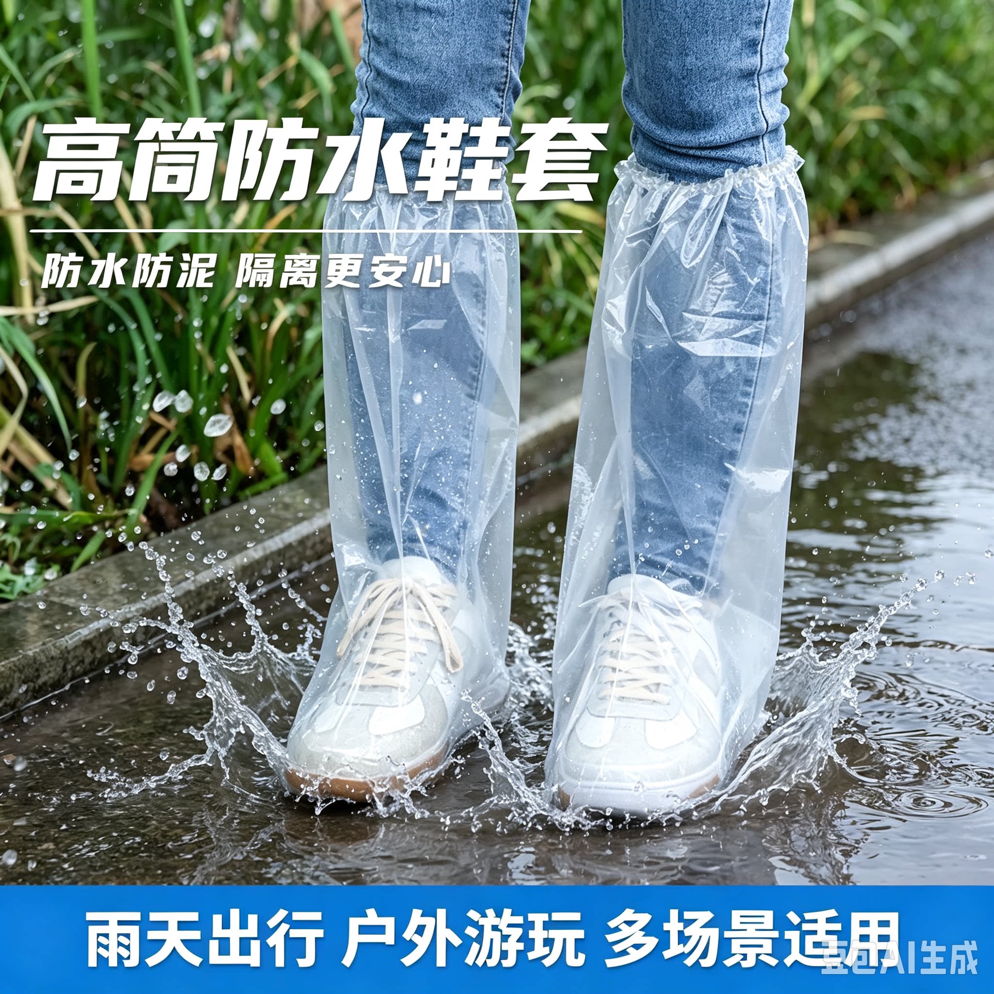 【升级加长加厚】一次性防滑高筒鞋套加厚耐磨透明脚套防雨套JT一