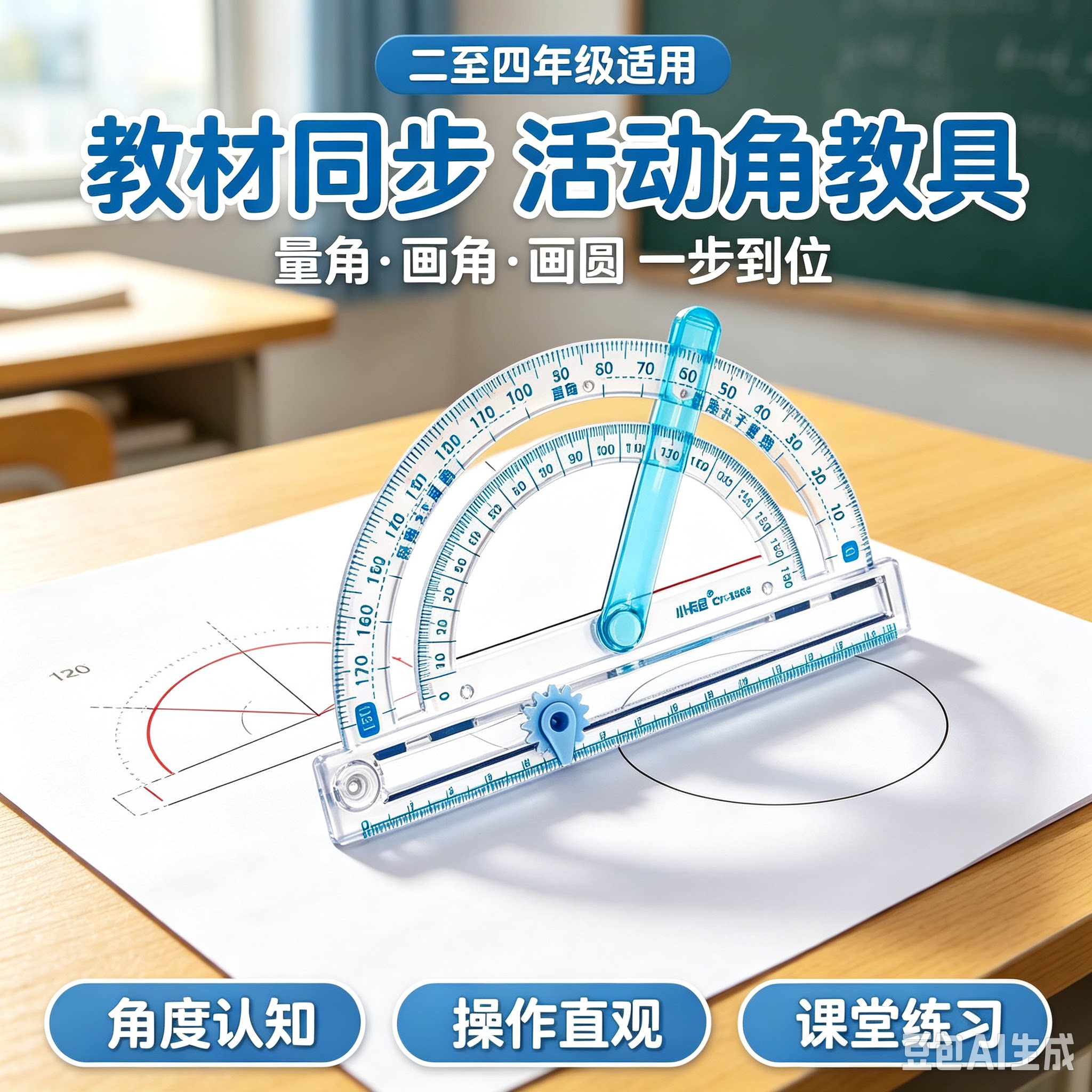 画圆活动角教具小学生二四年级角的认识锐角钝角画角度量角器MD