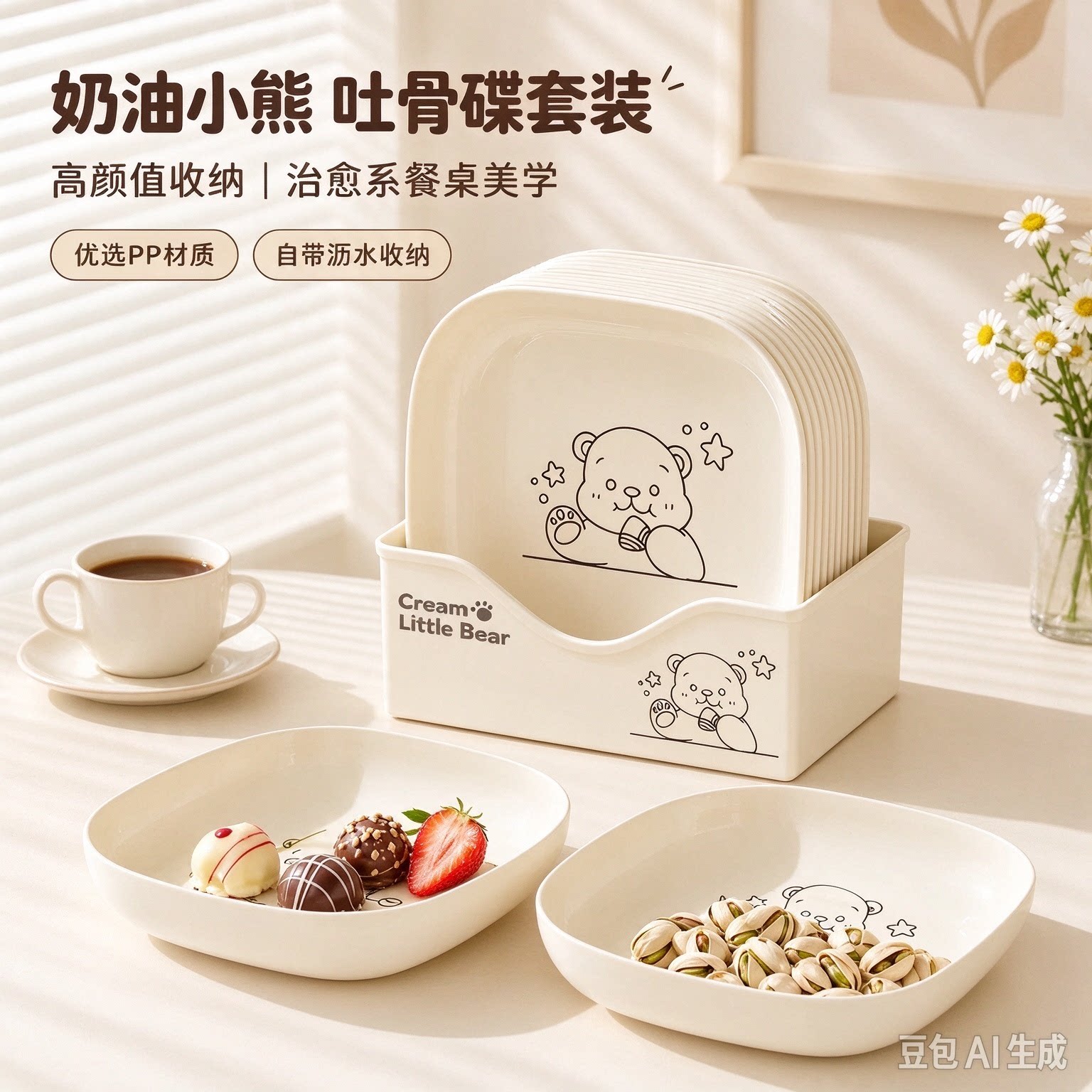 家用小熊吐骨碟盘碟家用吐骨卡通网红置物架餐桌置物架垃圾盘HQ