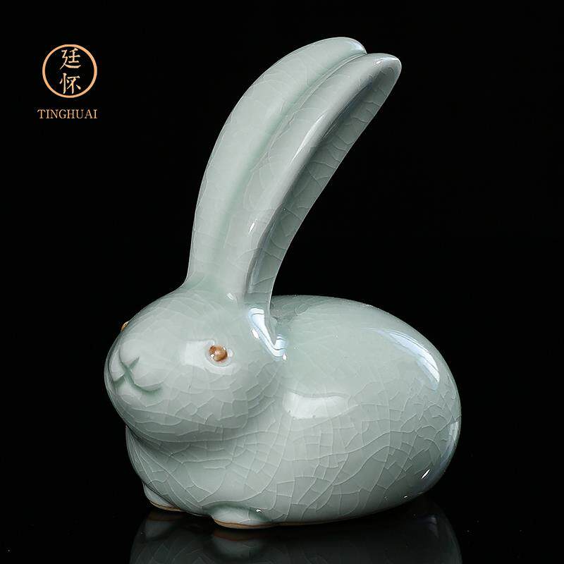 廷怀窑汝窑兔子茶艺茶桌上的茶宠摆件精品可养创意汝瓷茶具小摆件