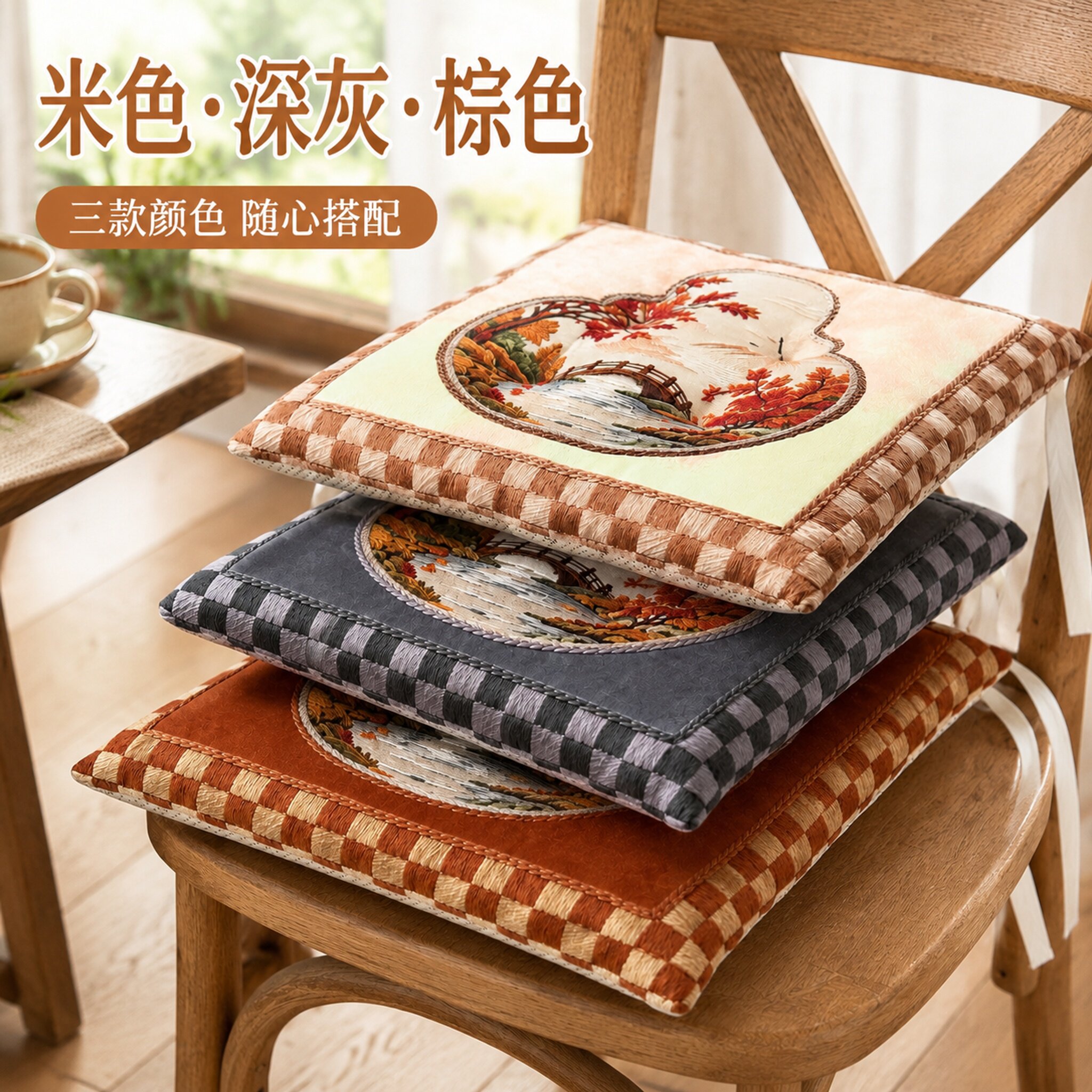 国风山水刺绣坐垫加厚PP棉防滑
