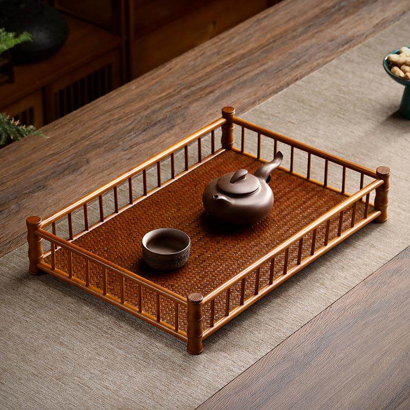 竹编围栏托盘茶具收纳盘文盘竹制简约干泡茶盘长方形茶托盘奉茶盘