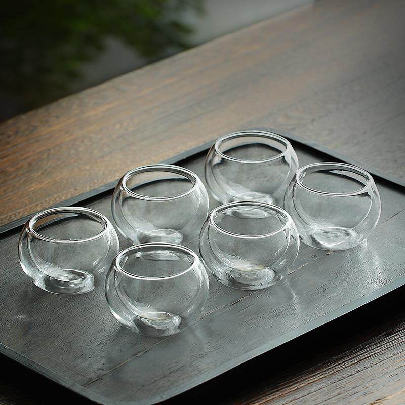 日式双层小茶杯6只装小号迷你简约玻璃小杯子隔热透明家用一口杯