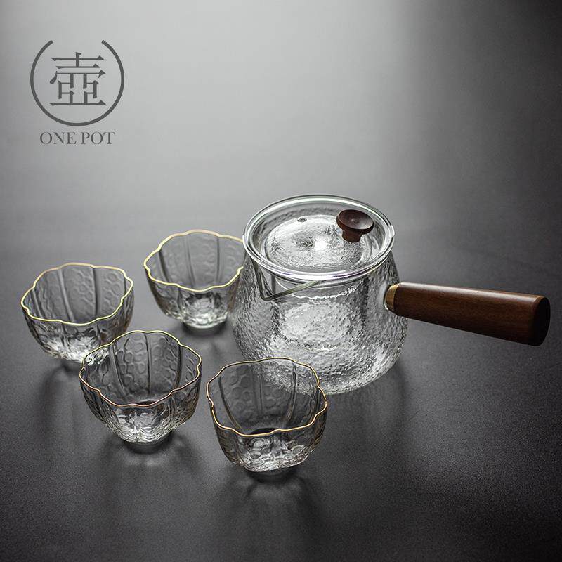 一壶侧把锤纹玻璃茶壶耐高温功夫茶具过滤透明家用耐热木柄煮茶器
