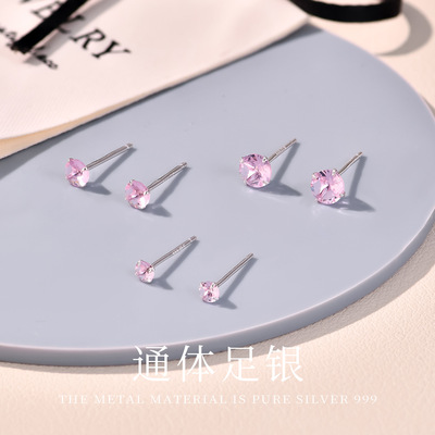 节日礼物~S999银耳钉女粉钻四爪耳骨钉小众设计感精致百搭耳饰
