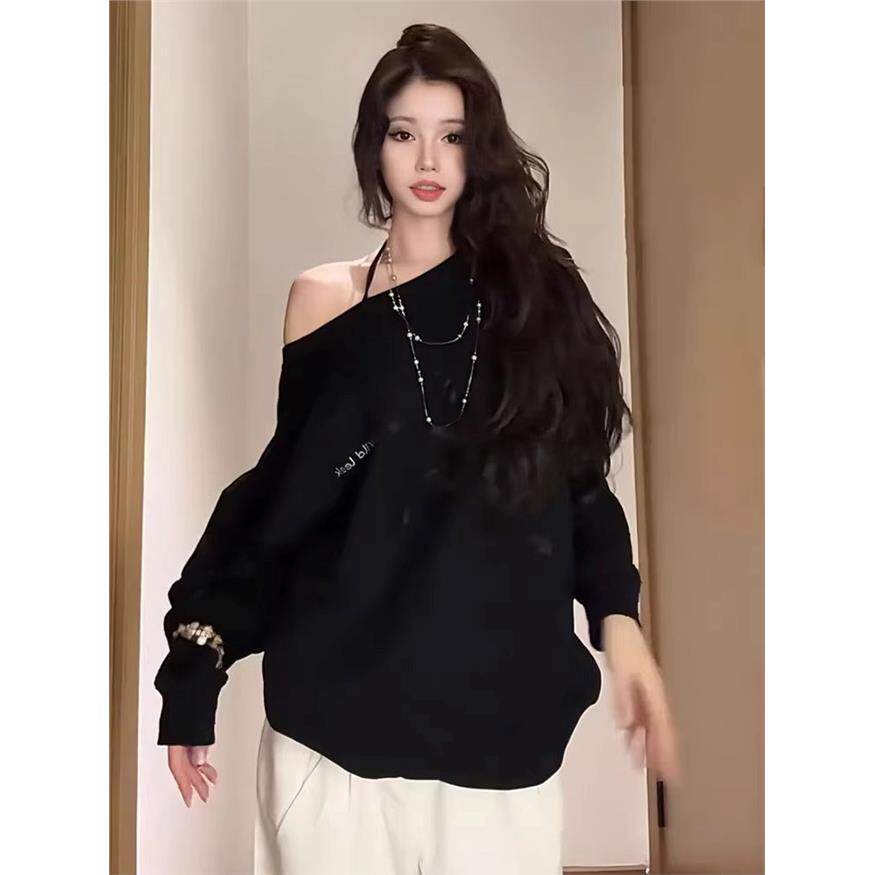 美式复古字母斜领卫衣女