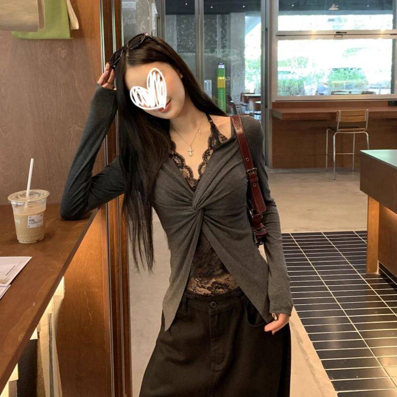 长袖打底衫女2026新款秋季韩系穿搭蕾丝t恤假两件辣妹上衣