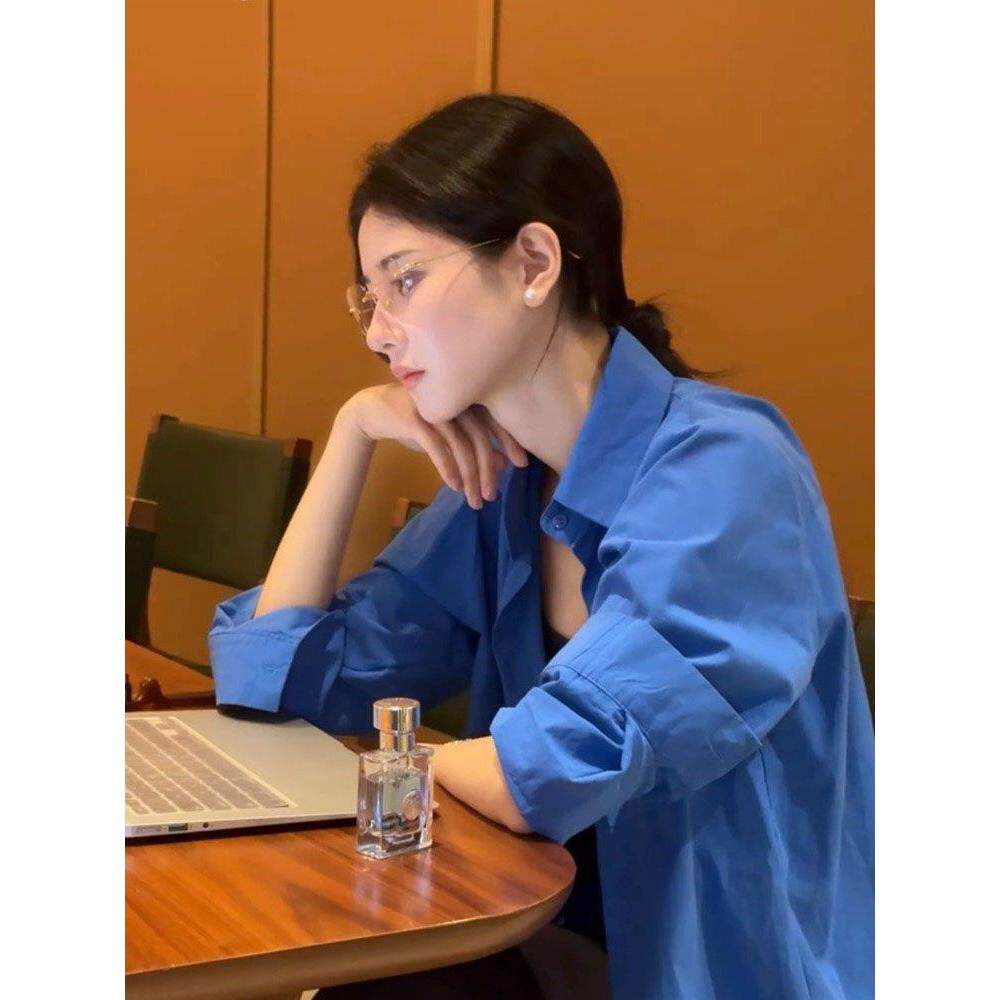 因蓝Polo领长袖衬衫女春秋2026新款宽松慵懒开衫外套