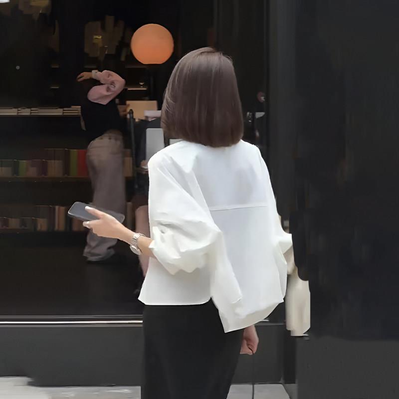 韩系简女款约翻领NBD长袖白衬衫2026新款早秋宽色松小个子休闲短