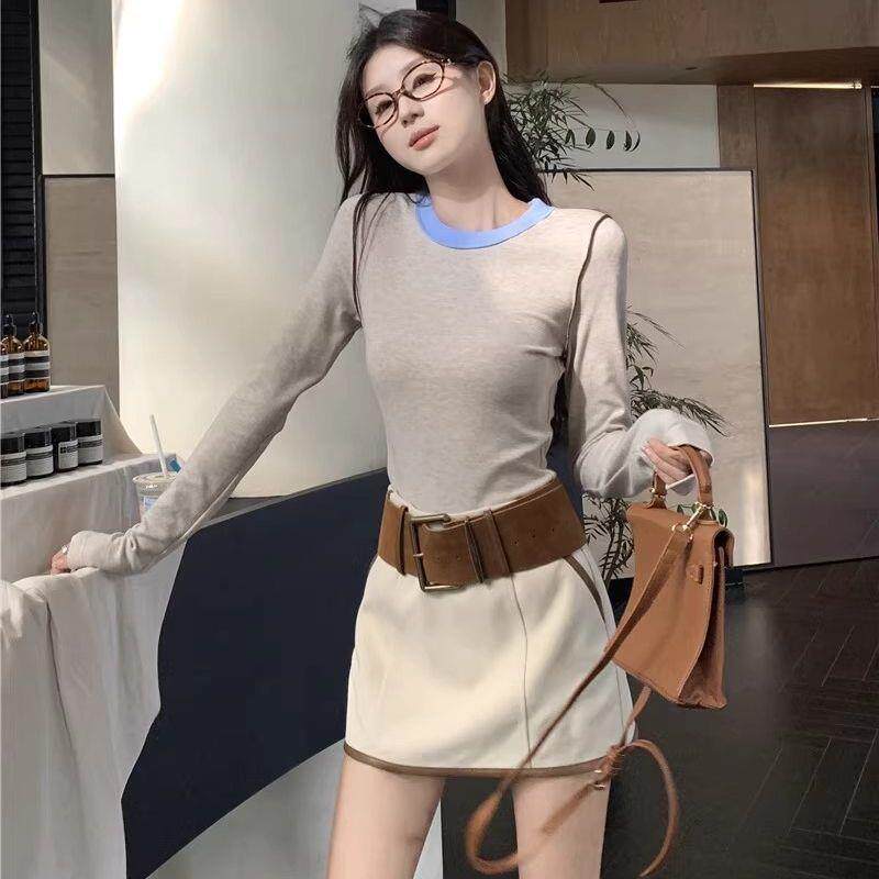 早恤LQG秋气穿搭气质修身质长袖T打底衫女高腰显瘦女半身裙两件套