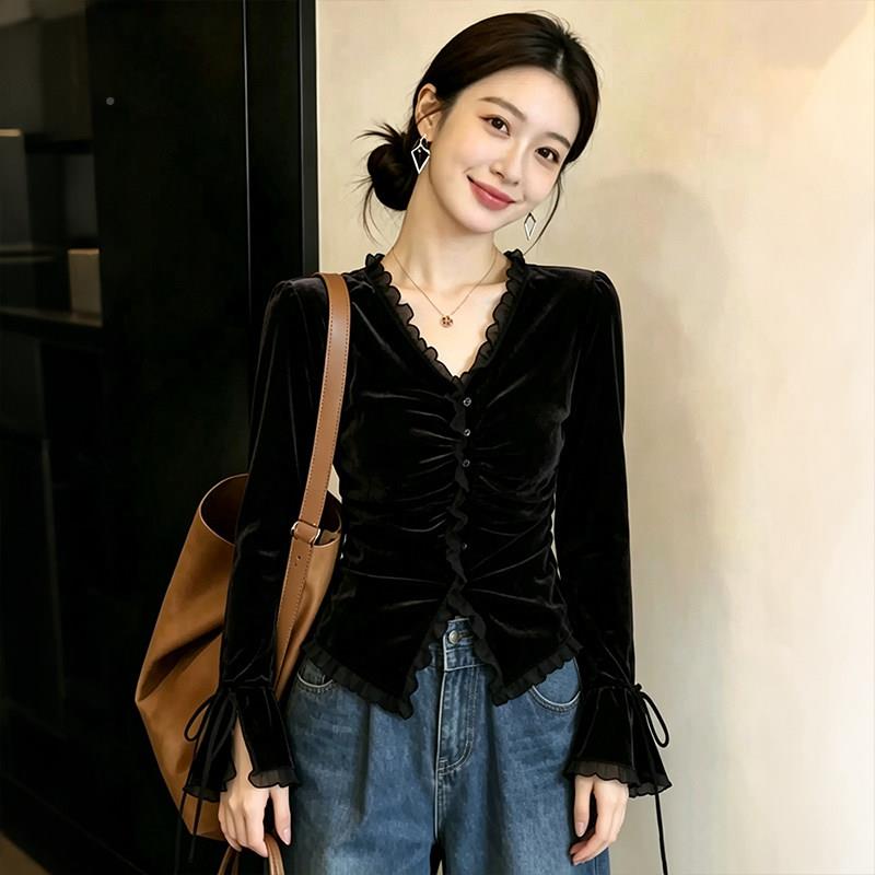 系黑上色拼接花边v领长袖衬衫秋YBM女202韩6新款早修身小个子丝绒