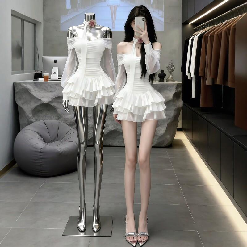 白色字肩荷叶一边长袖洋装秋冬新ZXK-1462款公主风女宴会礼蛋服糕