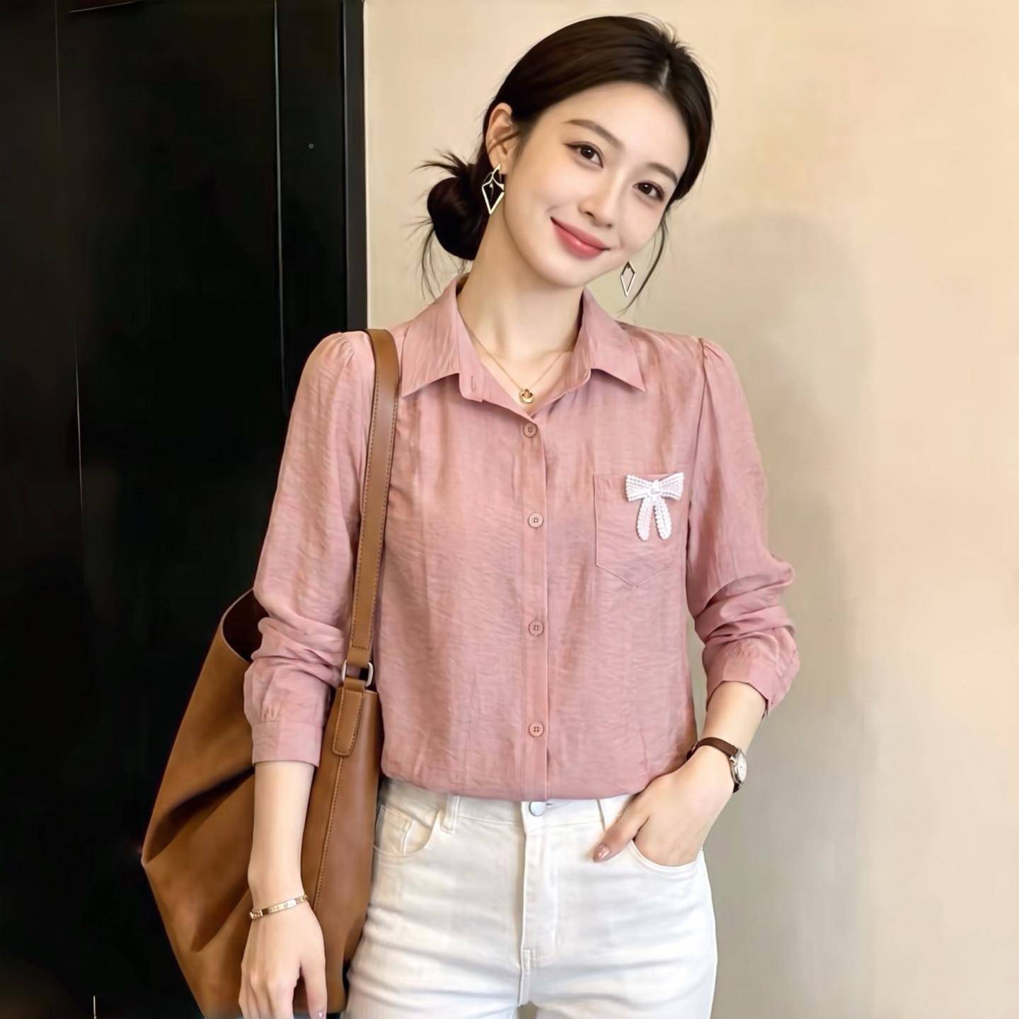 美淑女风翻蝴蝶结衬衫女领早甜秋新款长显瘦减龄百搭小个1子袖衬