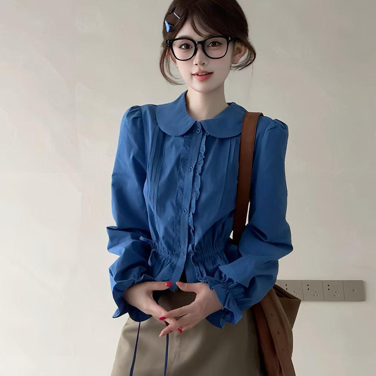 韩式娃娃领泡身泡袖蓝衬计衫女修收腰花边设色感DJO气质上衣