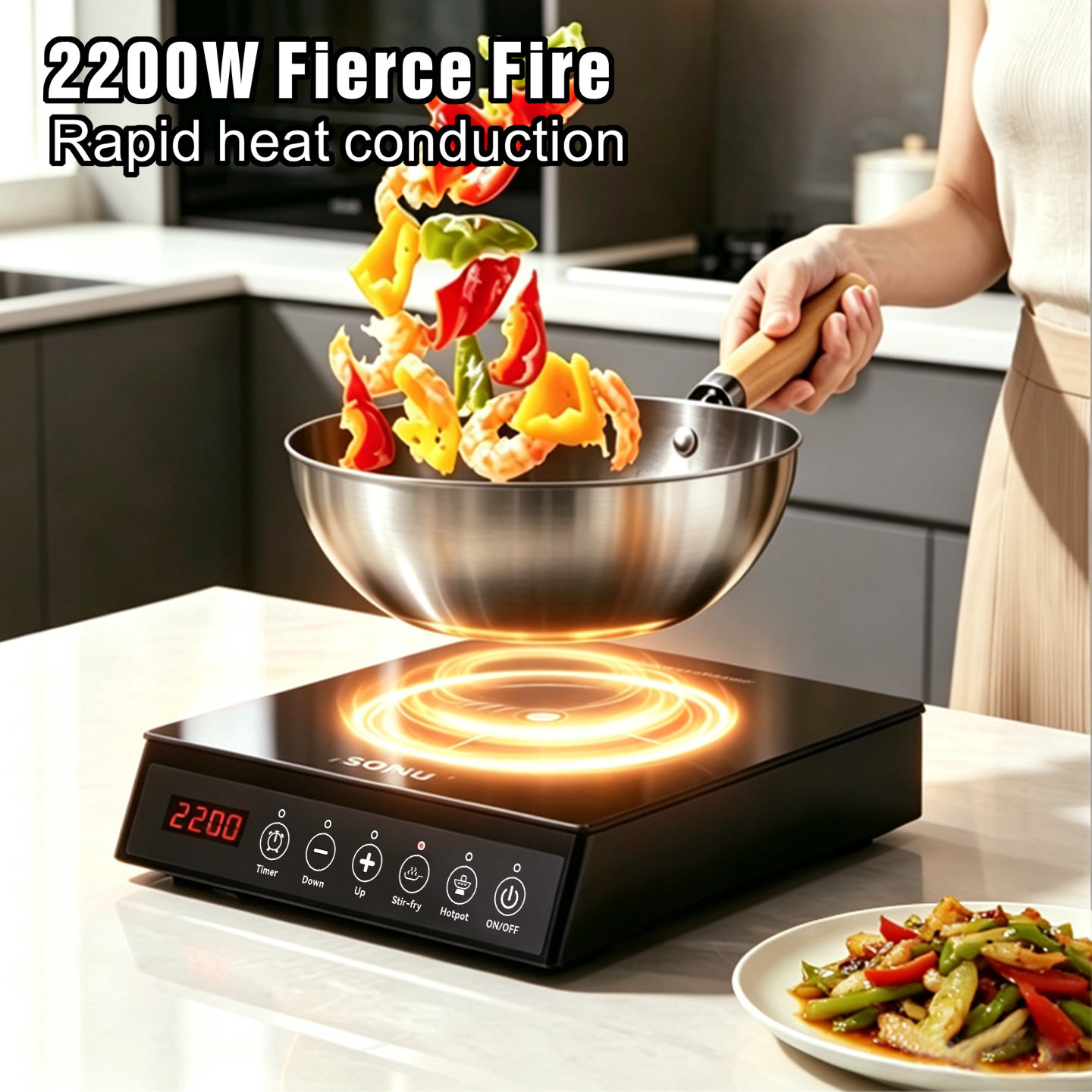 跨境代发英文电磁炉智能触摸面板大功率110V/220V电压外贸电磁炉