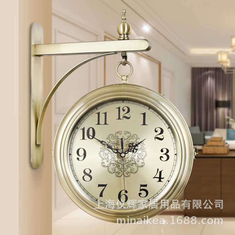 欧式双面挂钟时尚石英钟表客厅静音家用挂表创意个性美式装饰时钟