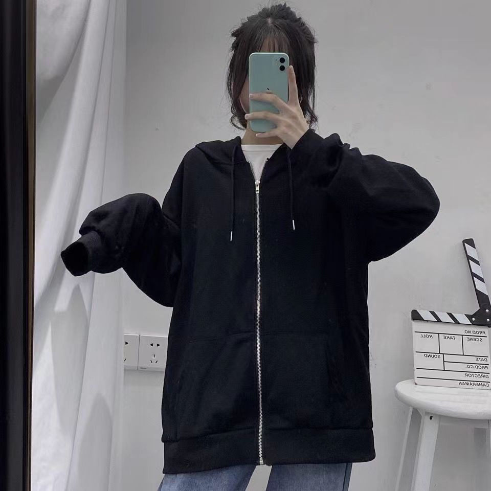 春秋季薄款韩系慵懒灰色卫衣外套女美式chic宽松连帽拉链开衫上衣