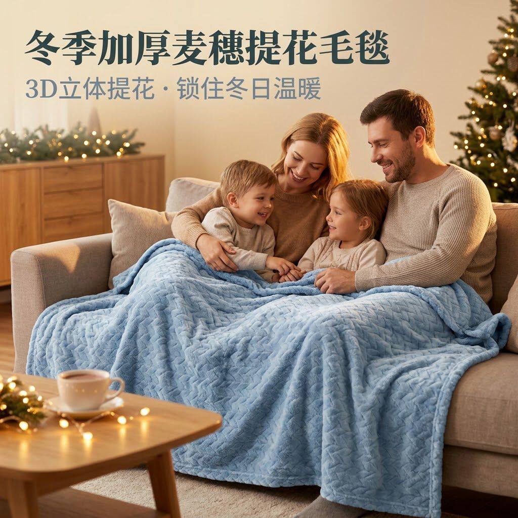 跨境3D麦穗提花法兰绒毛毯秋冬加厚亲肤居家盖毯外贸家纺源头工厂