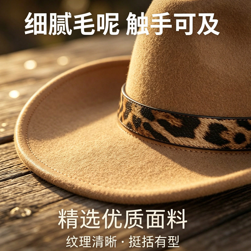 欧美豹纹帽带时尚礼帽男女爵士帽子秋冬百搭毛毡帽翘沿西部牛仔帽