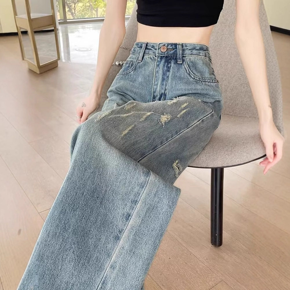 美式复古水洗抓痕牛仔裤女2026春秋新款宽松直筒显瘦阔腿拖地长裤
