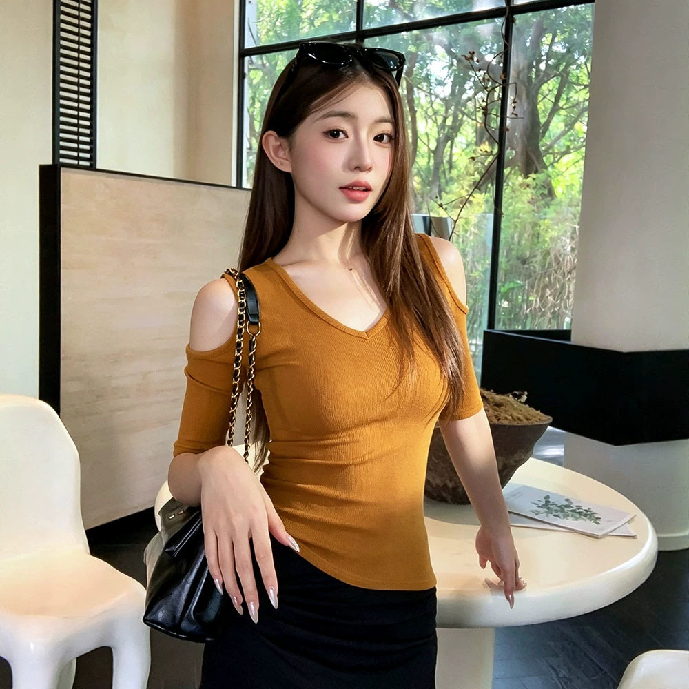 纯欲气质露肩V领五分袖半袖女早