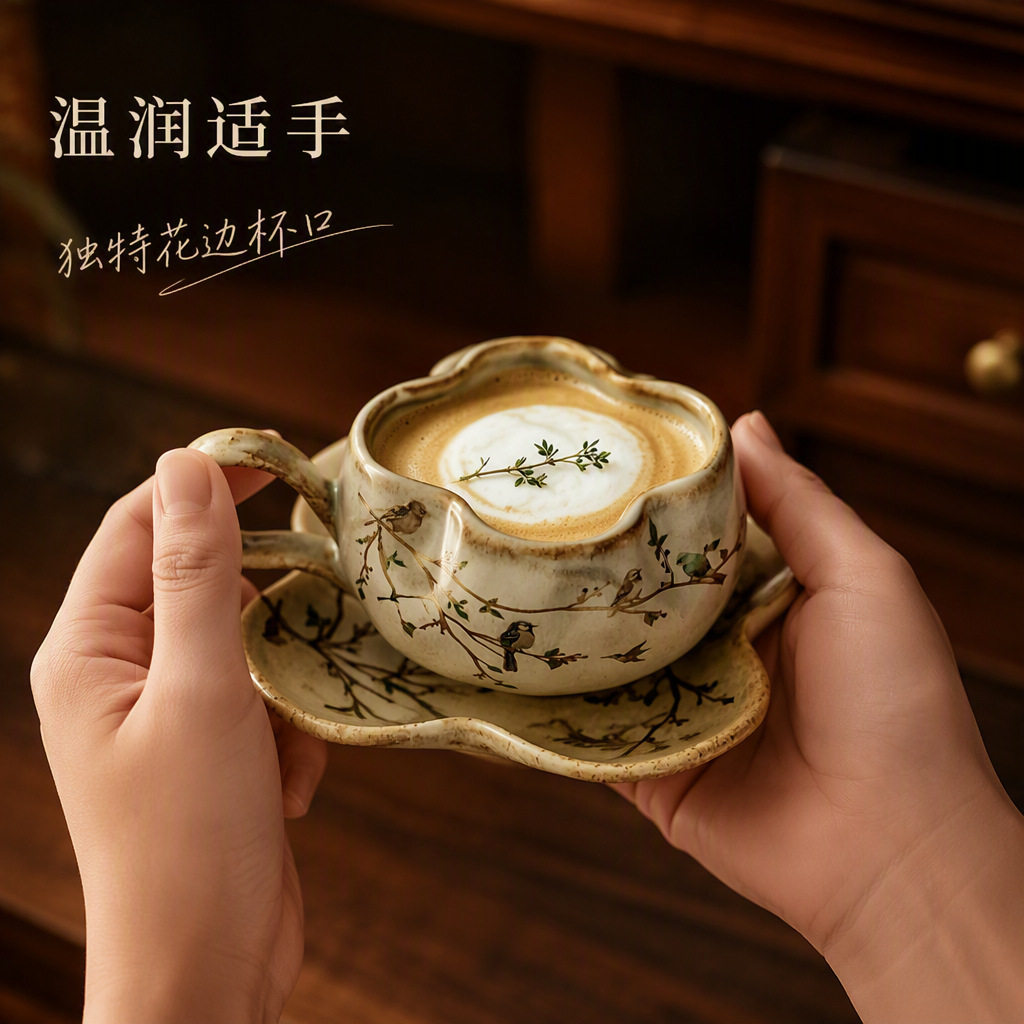 复古手绘庭花漫叙瓷咖啡杯碟套装不规则花边下午茶杯高颜值礼物